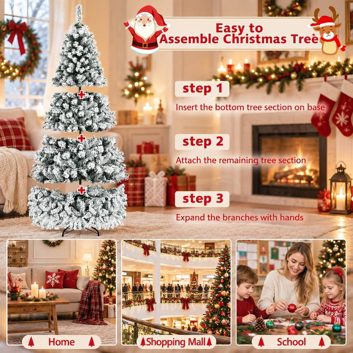Airfind Pre-Lit Premium Snow Flocked Hinged Artificial Christmas Tree-7.5 ft, White and Green, True-to-life appearance with wintry flocking