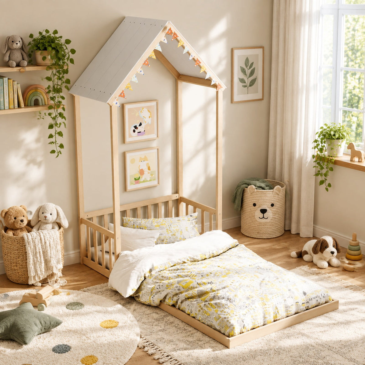 Airfind Twin Size House Bed with House Shape Roof and Semi-Fence, Pine Wood Engineered Wood Frame, 78 x 45.5 x 80.5 Footprint, Natural