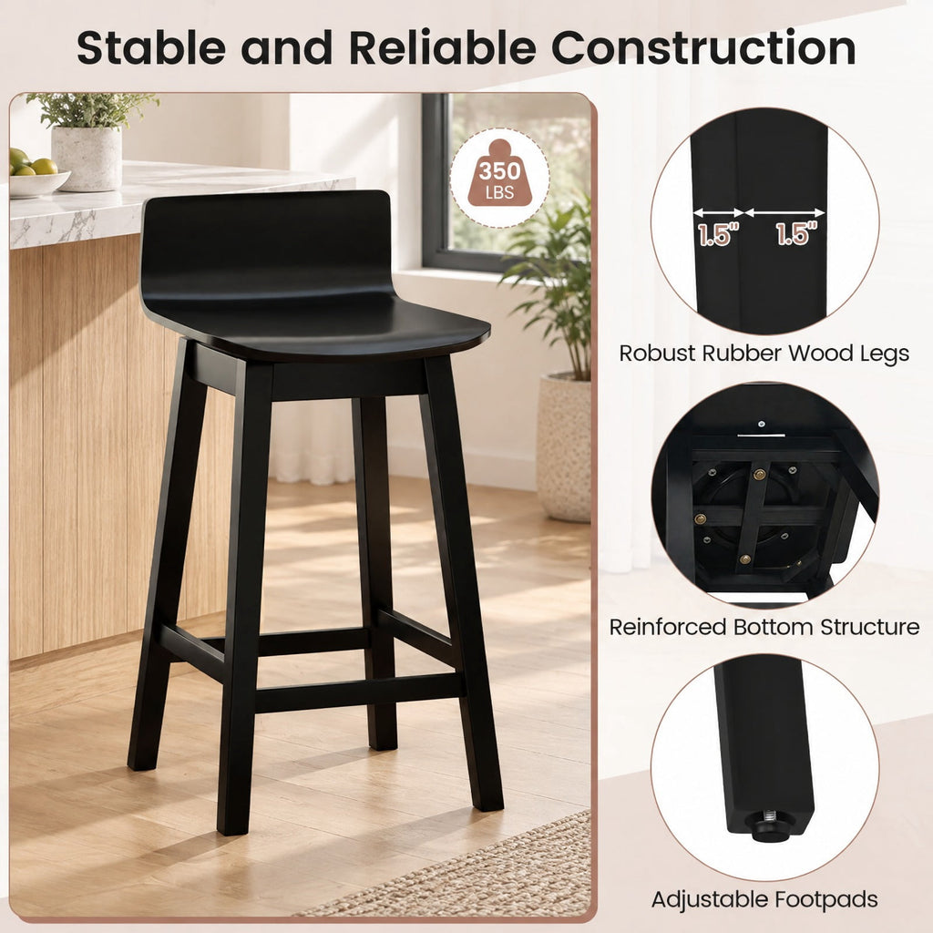 Airfind 24.5 Inch Swivel Wooden Bar Stools Set of 2 with Rubber Wood Legs and Low Back, 350 lbs Capacity, Rubber Wood Plywood Frame, Black