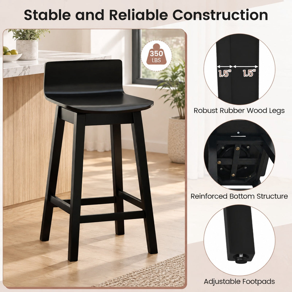 Airfind 24.5 Inch Swivel Wooden Bar Stools Set of 2 with Rubber Wood Legs and Low Back, 350 lbs Capacity, Rubber Wood Plywood Frame, Black