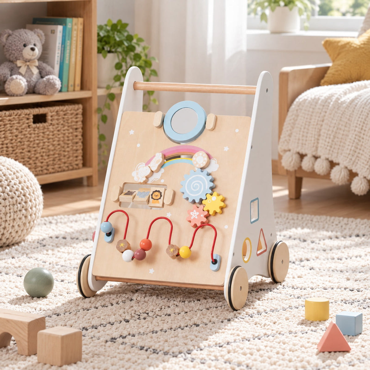 Airfind Wooden Youth Activity Walker with Multiple Play Features, Basswood Frame, Suitable for Ages 12 Months and Up, 13.5 Inch x 13 Inch x 17.5 Inch, Unspecified