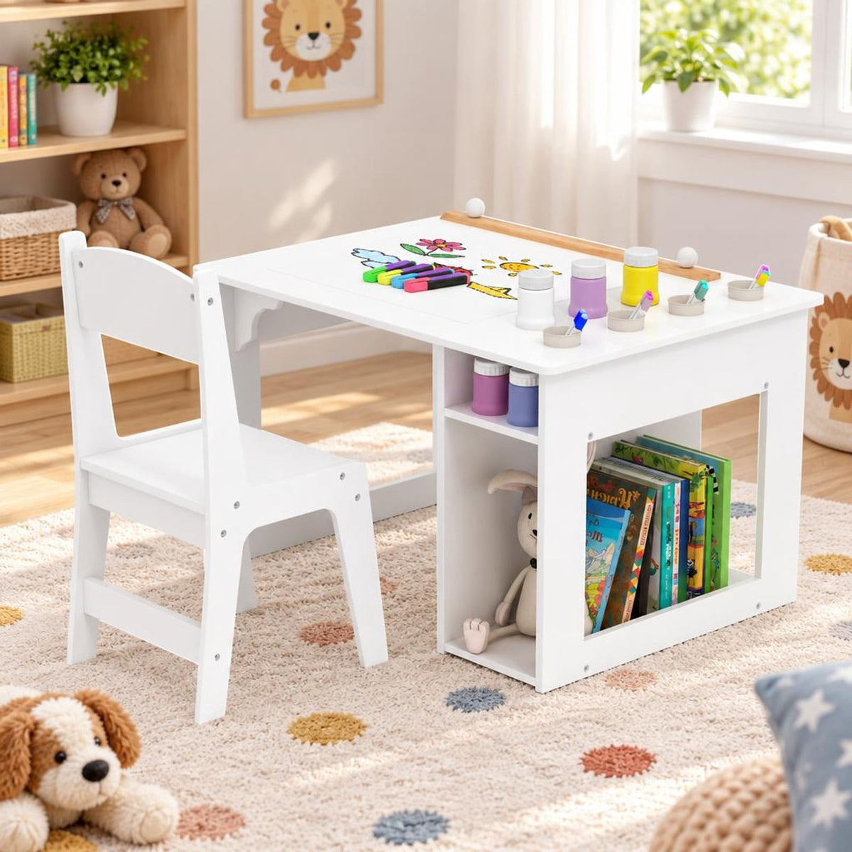 Airfind Kids Art Table and Chair Set Toddler Craft Drawing Desk, 110 lbs Capacity, MDF Pine Wood Frame, 31.5 x 23.5 x 19.5 Footprint, White