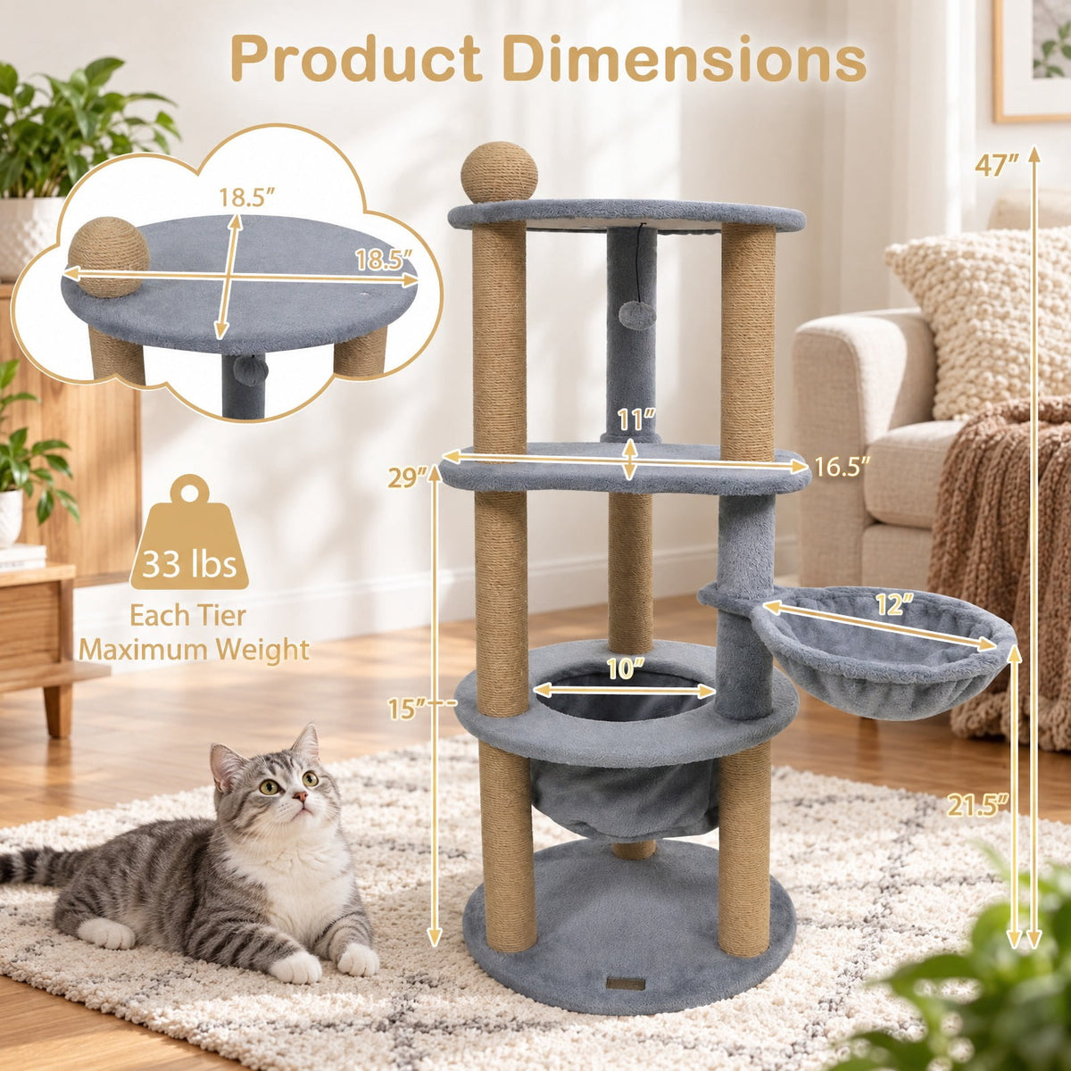 Airfind 47 Inches Tall Cat Tower with Cat Nest and Scratching Posts, 33 lbs Capacity, Engineered Board Plush Jute Total Height 47 Base Frame, Gray