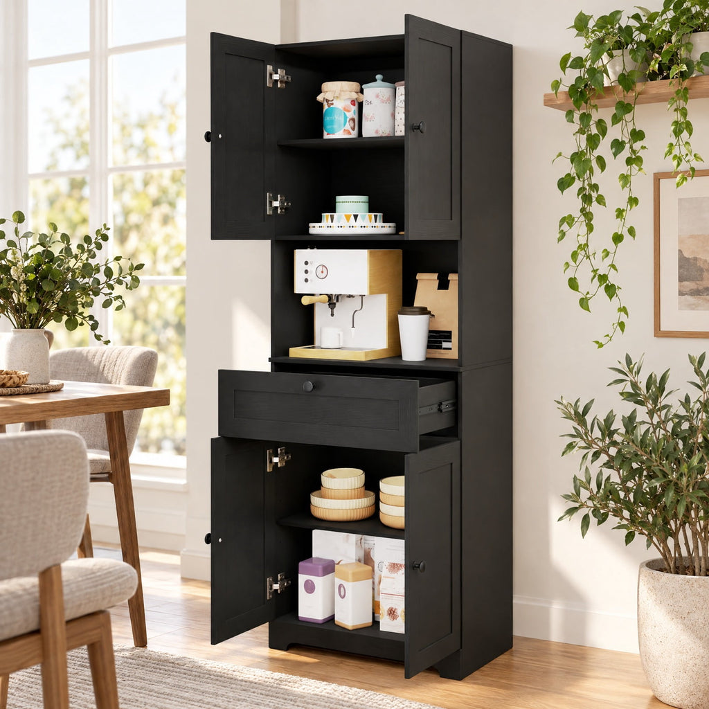 Airfind 67.5 Inch Tall Modern Freestanding Floor Storage Cabinet with 4 Doors and 1 Drawer, 243 lbs Capacity, MDF Engineered Wood Frame, Black