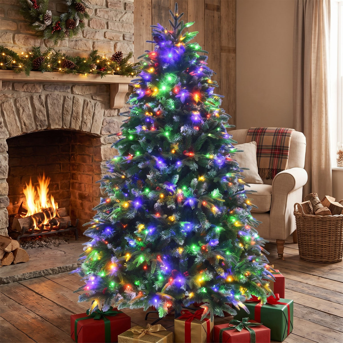 Airfind Pre-Lit Snowy Christmas Hinged Tree with Flash Modes and Multi-Color Lights-6 ft, PE PVC iron Height: 5 ft Base: 3.3 ft Frame, Green