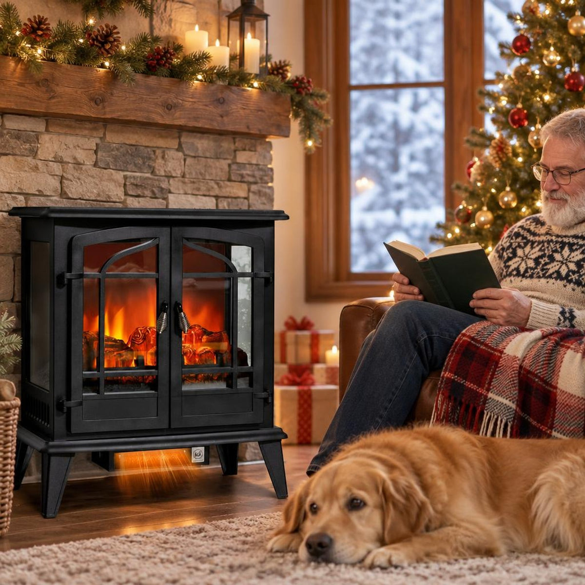Airfind 25 Inch Freestanding Electric Fireplace Heater with Realistic Flame effect, Iron Frame, 25in x 15in x 28.5in (L x W x H） Footprint, Black