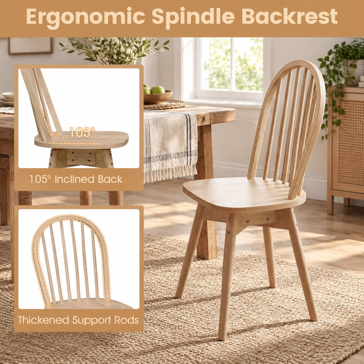 Airfind Dining Chairs, Swivel Windsor, Set of 2 with Solid Rubber Wood Frame, Chair 330 lbs Capacity, Rubber Wood Frame, 17.5 Inch x 21 Inch x 36 Inch, Natural