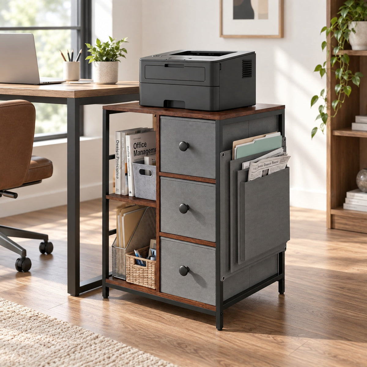 Airfind Side Table with Charging Station Industrial Nightstand with Open Shelves, 18 x 16 x 25Inner Footprint, Brown