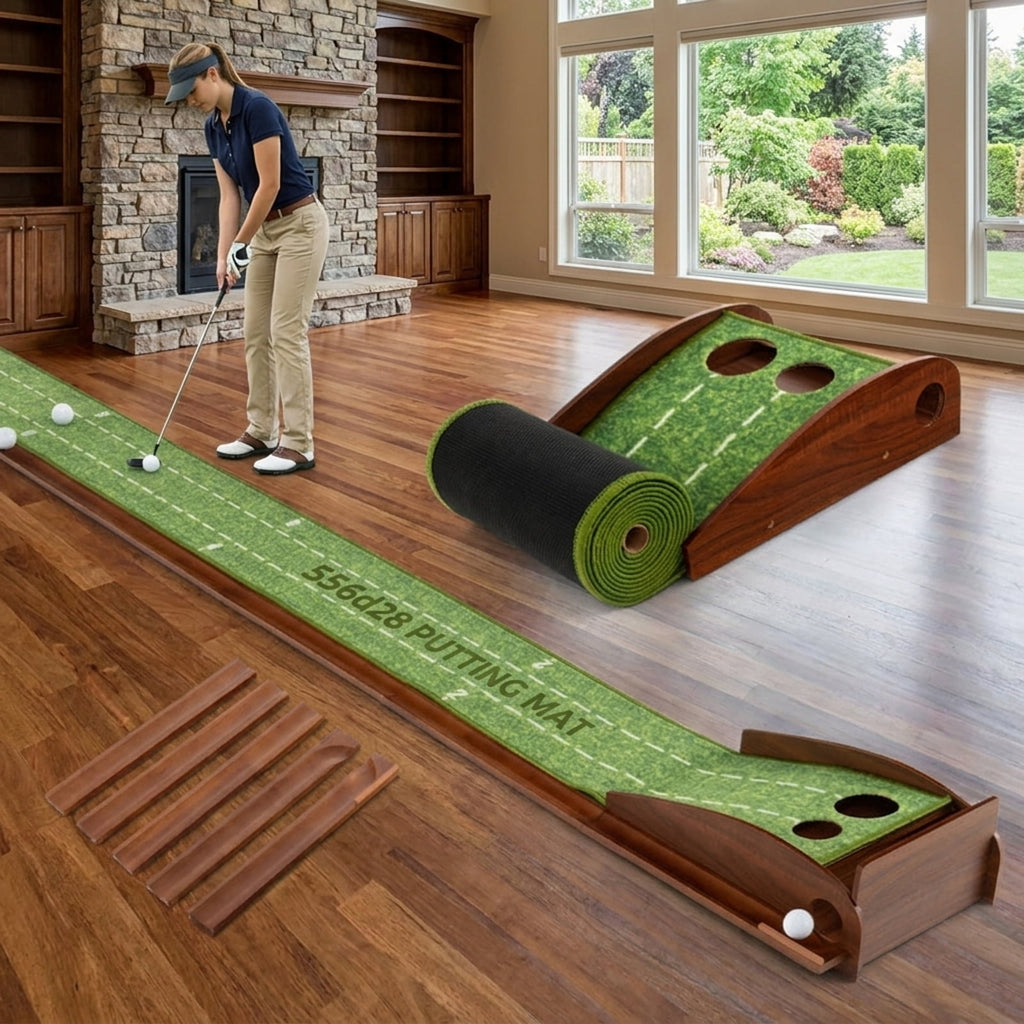 Airfind 10 ft Indoor Putting Mat with Wood Track, Auto Ball Return and 2 Hole Sizes, Brown