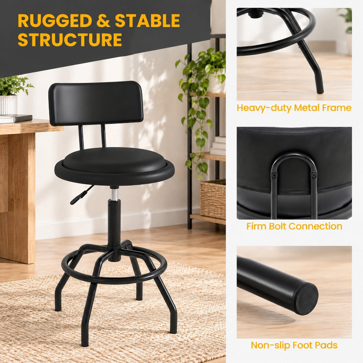 Airfind /2 360° Swivel Counter, Set of 1, Height Barstool with Padded Seat and Back-2 Pieces, 330 lbs Capacity, Metal PU Sponge Plywood Frame, Black