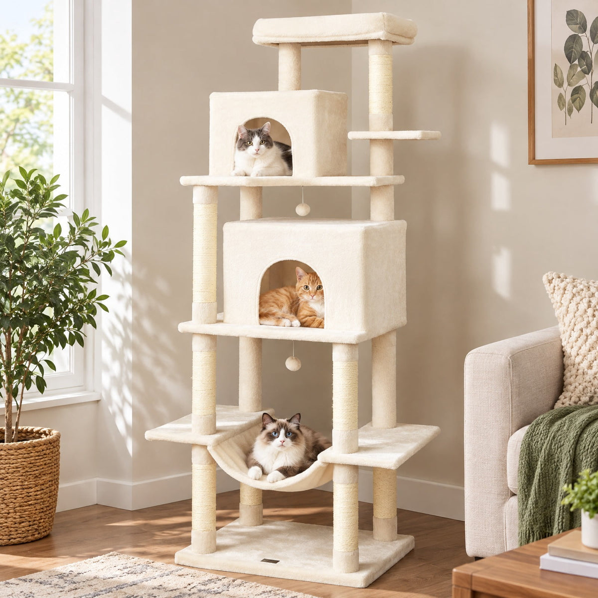 Airfind Large Cat Tree for Indoor Cats 70 Tall Cat Tower, 33 lbs Capacity, Plush Fabric Sisal Engineered Wood Overall Height 70 Base Frame, Beige