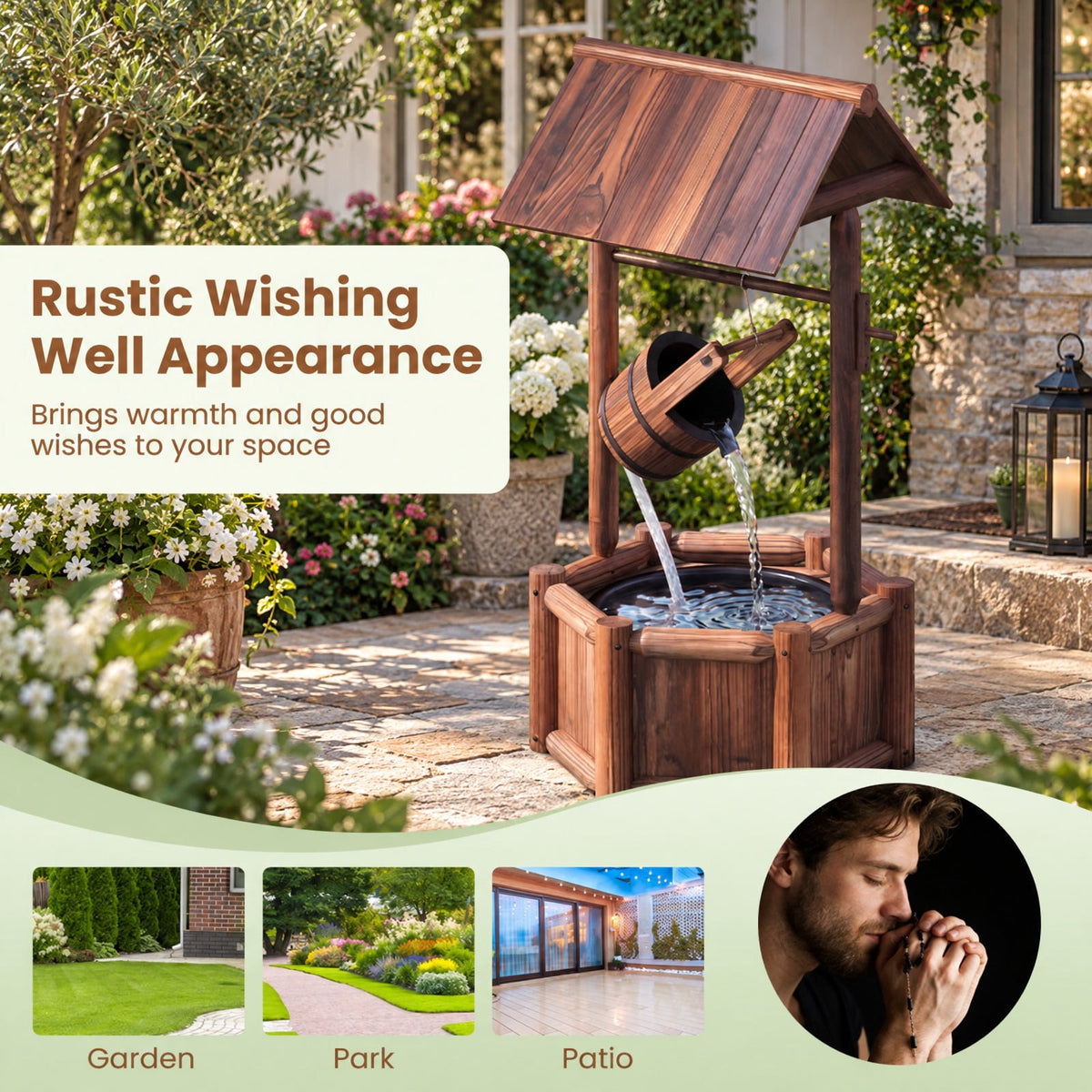 Airfind Garden Rustic Wishing Well Wooden Water Fountain with Pump, Fir Wood Frame, Product Size 24 Inch x22 Inchx 44.5 Inch (L x W x H), Unspecified