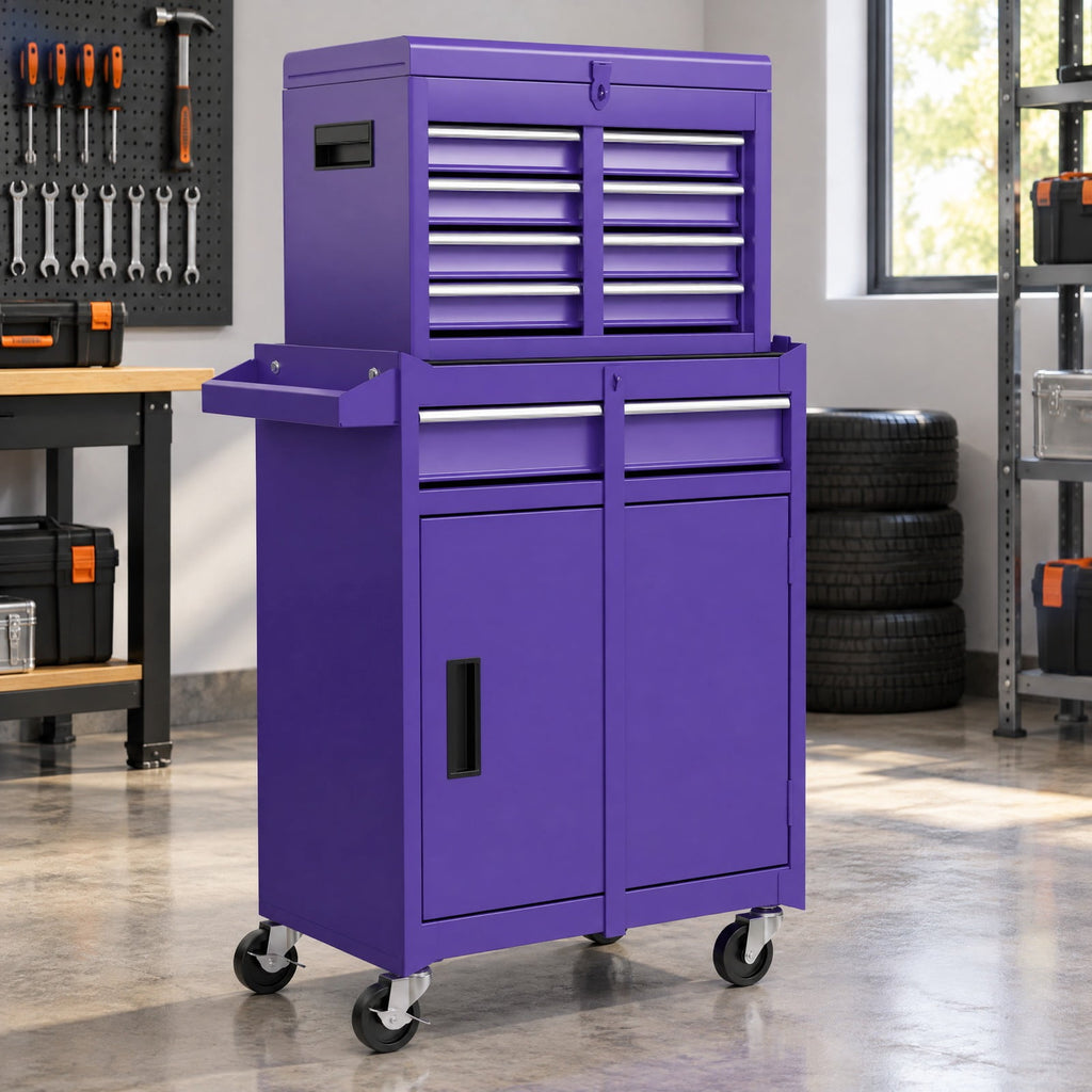 Airfind 2-in-1 Rolling Tool Chest with 5 Sliding Lockable Drawers, 220.5 lbs Capacity, Steel rubber-plastic synthetic Frame, Purple