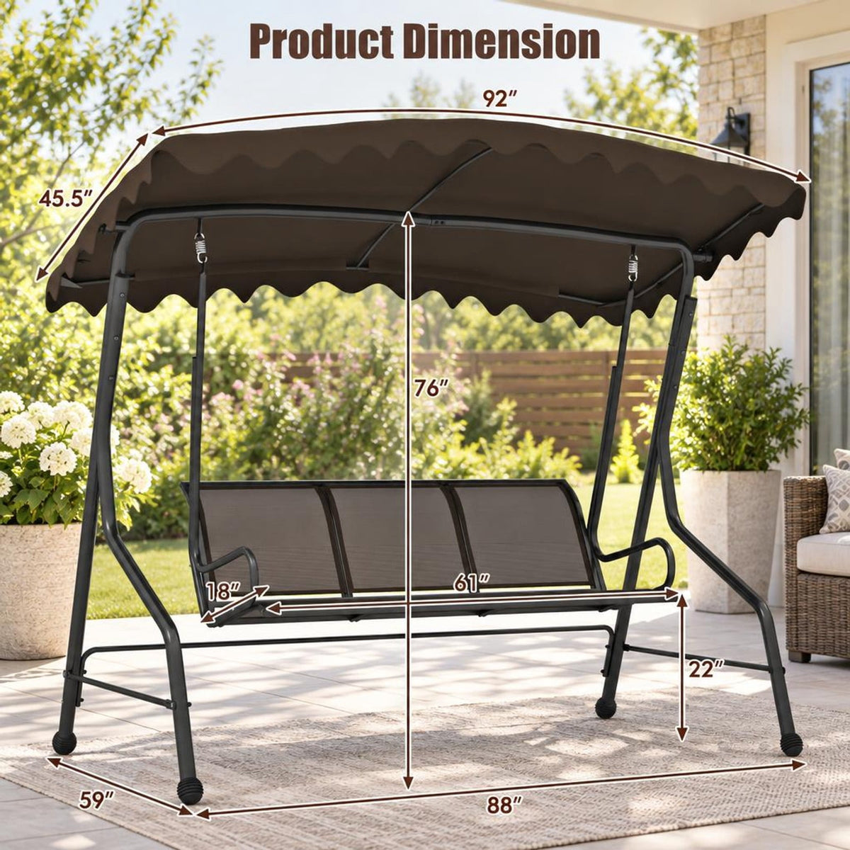 Airfind 3-Seat Outdoor Porch Canopy Swing with Adjustable Shading, 1000 lbs Capacity, Polyester Fabric Fabric Metal Frame, 88 x 59 x 76 Footprint