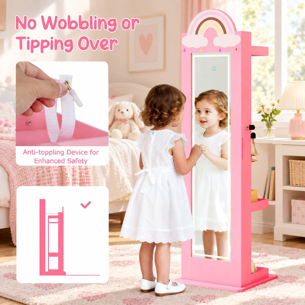 Airfind 3 In 1 Kids Jewelry Cabinet Freestanding Jewelry Armoire with 3-Color Lighted Mirror, MDF Glass Acrylic Frame, Pink