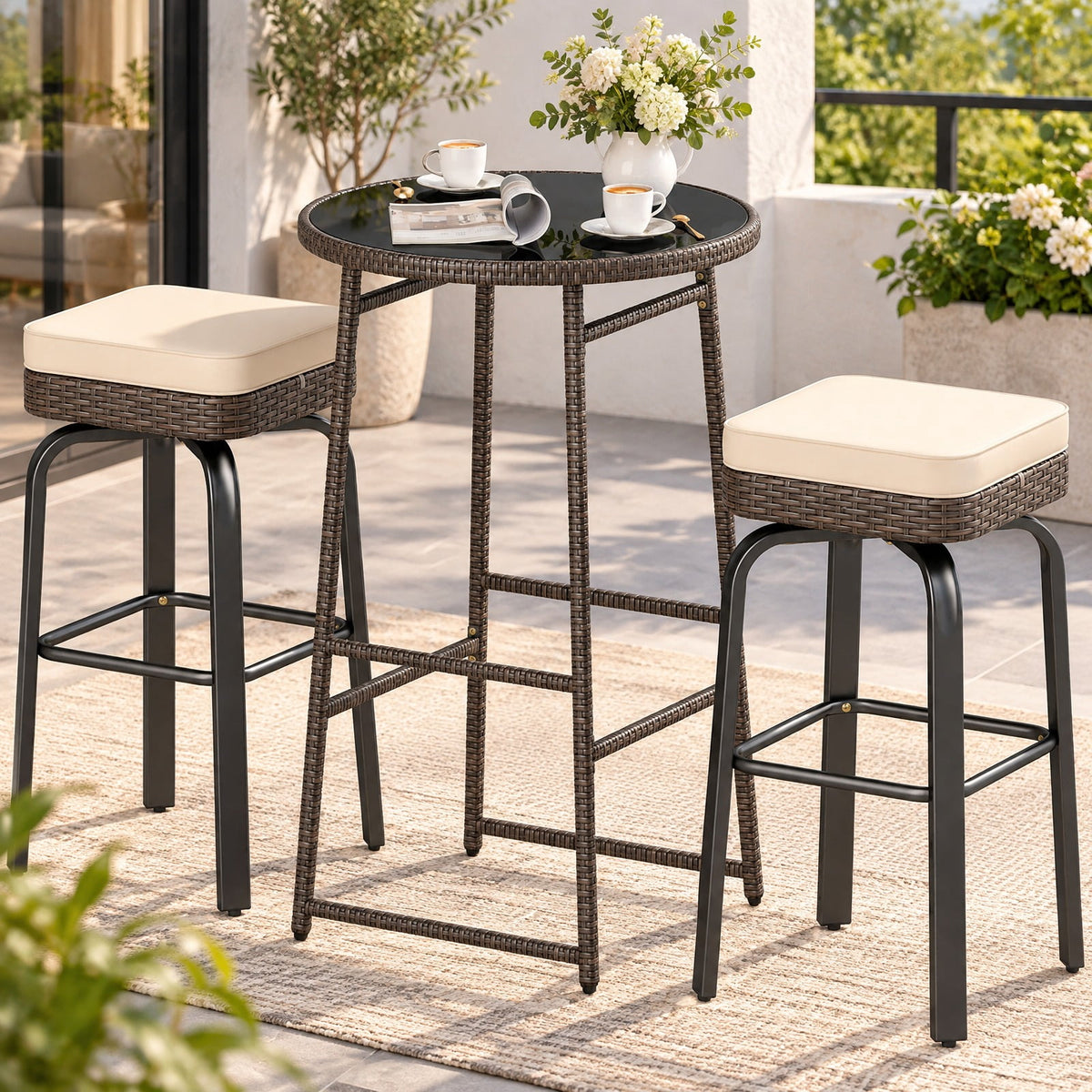 Airfind 3 Pieces Outdoor Swivel Bar Set PE Rattan Bar Height Table with 2 Chairs, PE Rattan Metal Tempered Glass Polyester Sponge Frame, White