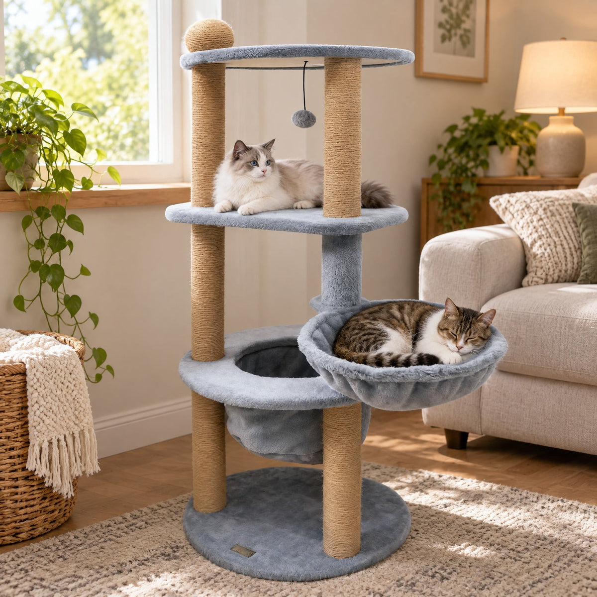 Airfind 47 Inches Tall Cat Tower with Cat Nest and Scratching Posts, 33 lbs Capacity, Engineered Board Plush Jute Total Height 47 Base Frame, Gray