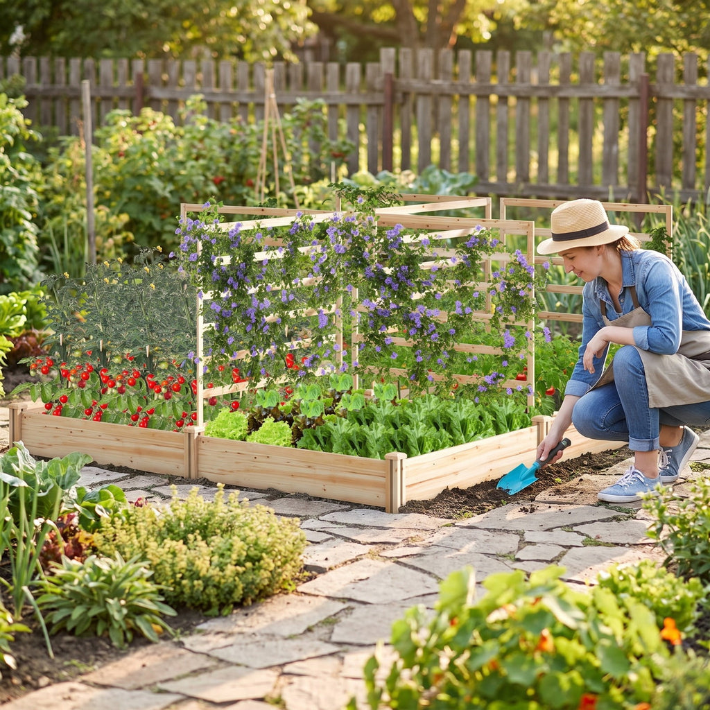 Airfind Raised Garden Bed with 2 Planter Boxes and 3 Trellis, Trellis 22 lbs Capacity, Fir Wood Frame, Natural