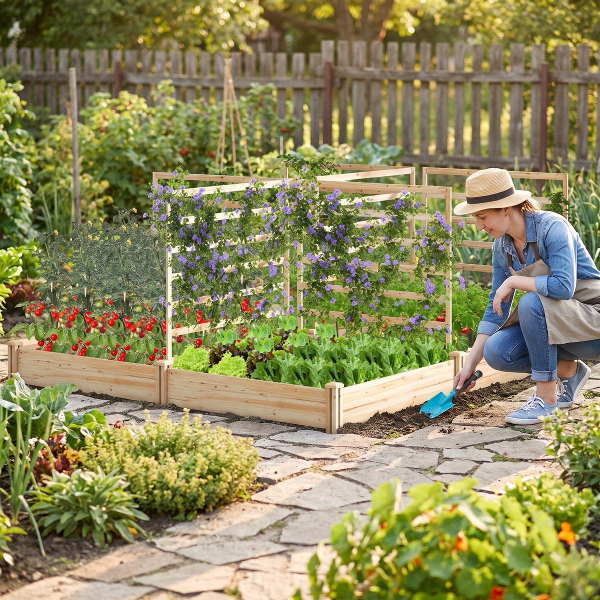 Airfind Raised Garden Bed with 2 Planter Boxes and 3 Trellis, Trellis 22 lbs Capacity, Fir Wood Frame, Natural