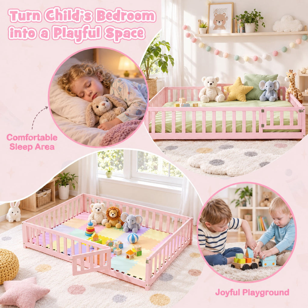 Airfind Montessori Bed Frame with Full-length Guardrails Safety Door and Latch, 330 lbs Capacity, Pine Wood Plywood Frame, Pink