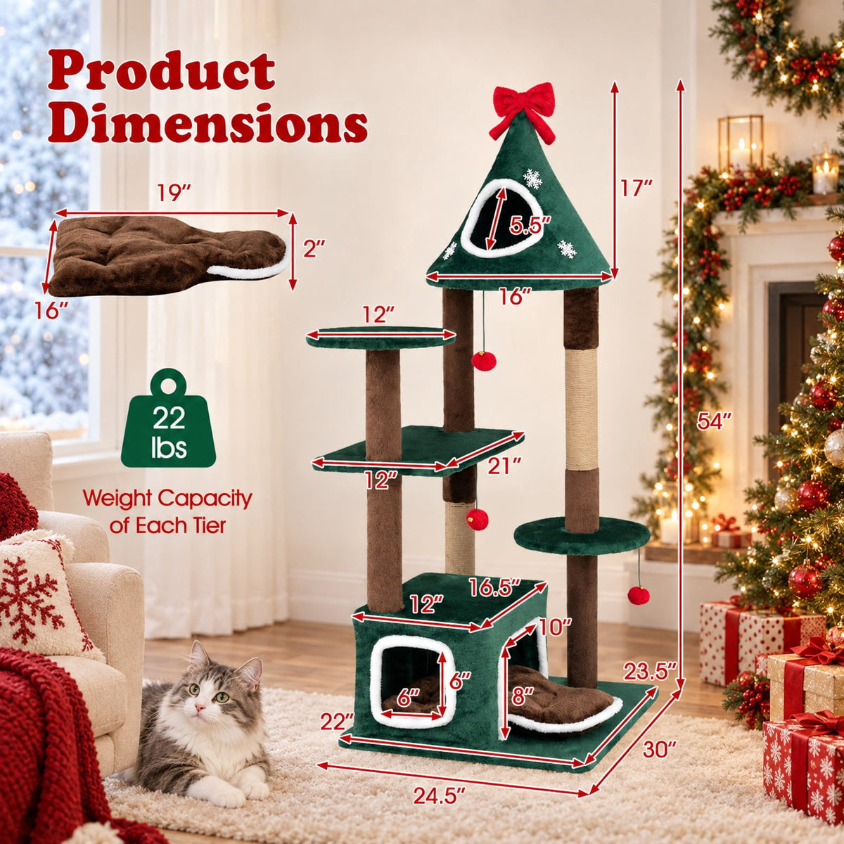 Airfind 54Christmas Cat Tree with 2 Condos and Removable Cushion, 22 lbs Capacity, Engineered Wood Frame, 30 x 24.5 x 54 Footprint, Green