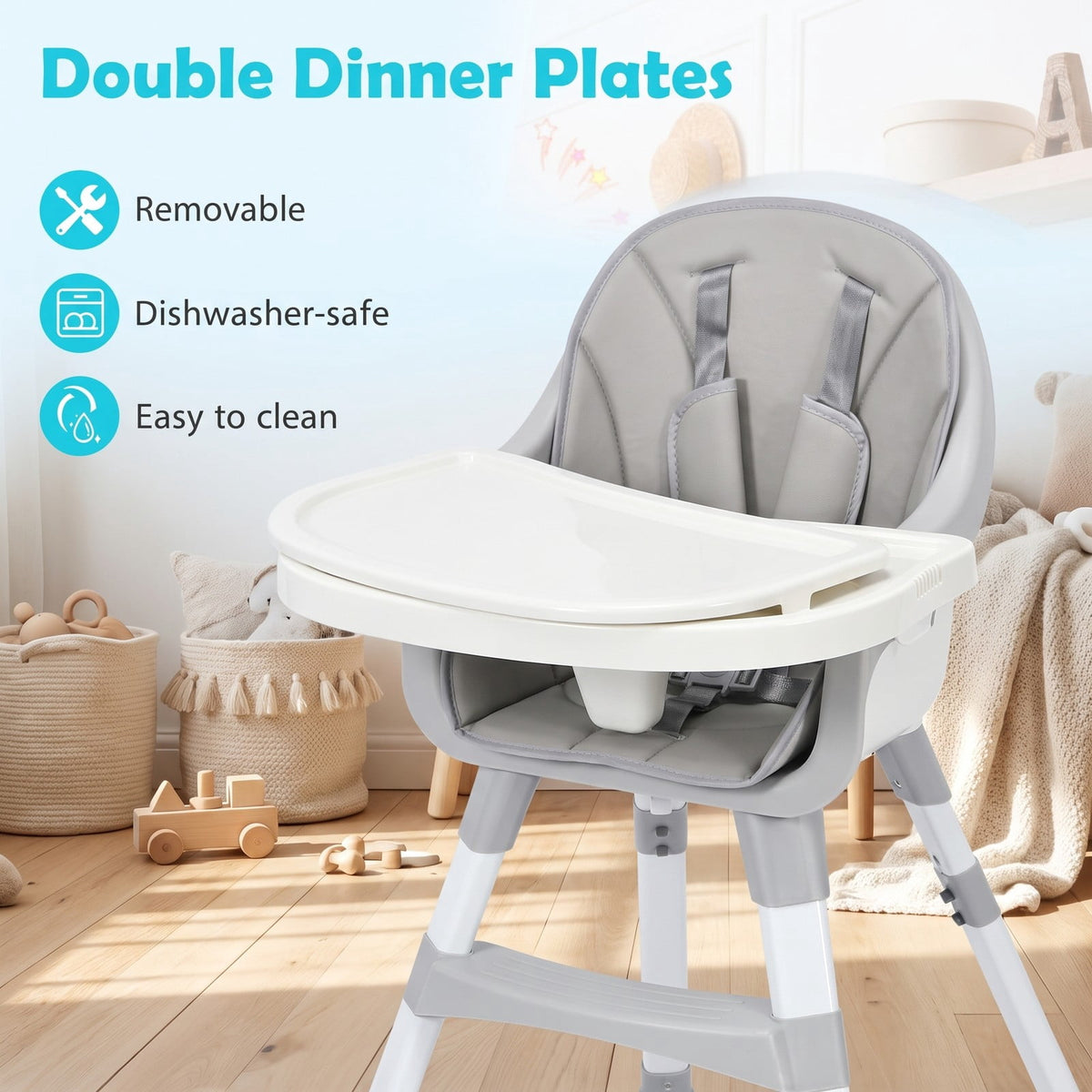 Airfind 5-in-1 Baby Highchair with Height Adjustable and 2-Tier Tray Storage Busket, Iron PP ABS Frame, 26 x 25 x 36.5 Footprint, Gray