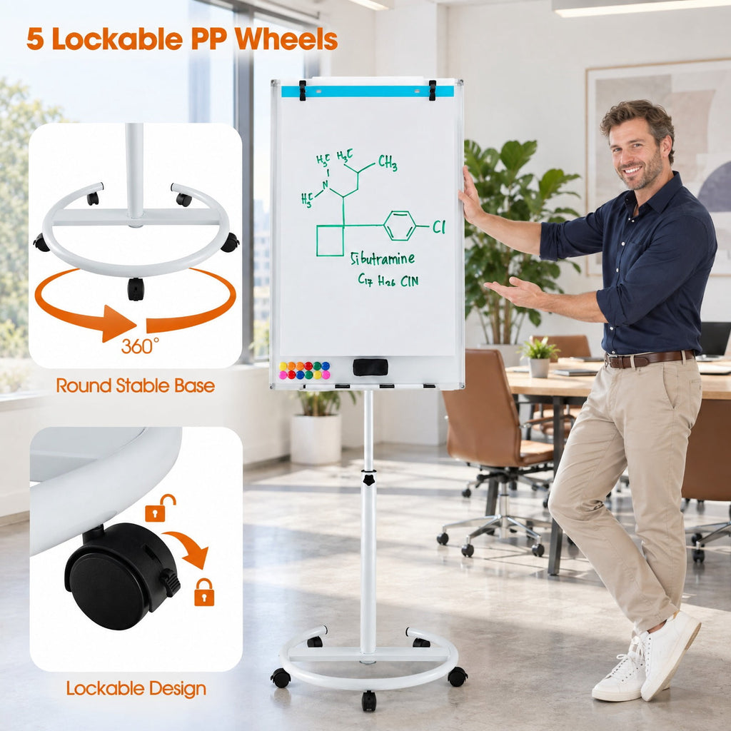 Airfind Height-Adjustable Mobile Whiteboard with Round Stand Paper Clips, Plastic Metal Frame, 26 x 24 x 52-75.5 Footprint, White