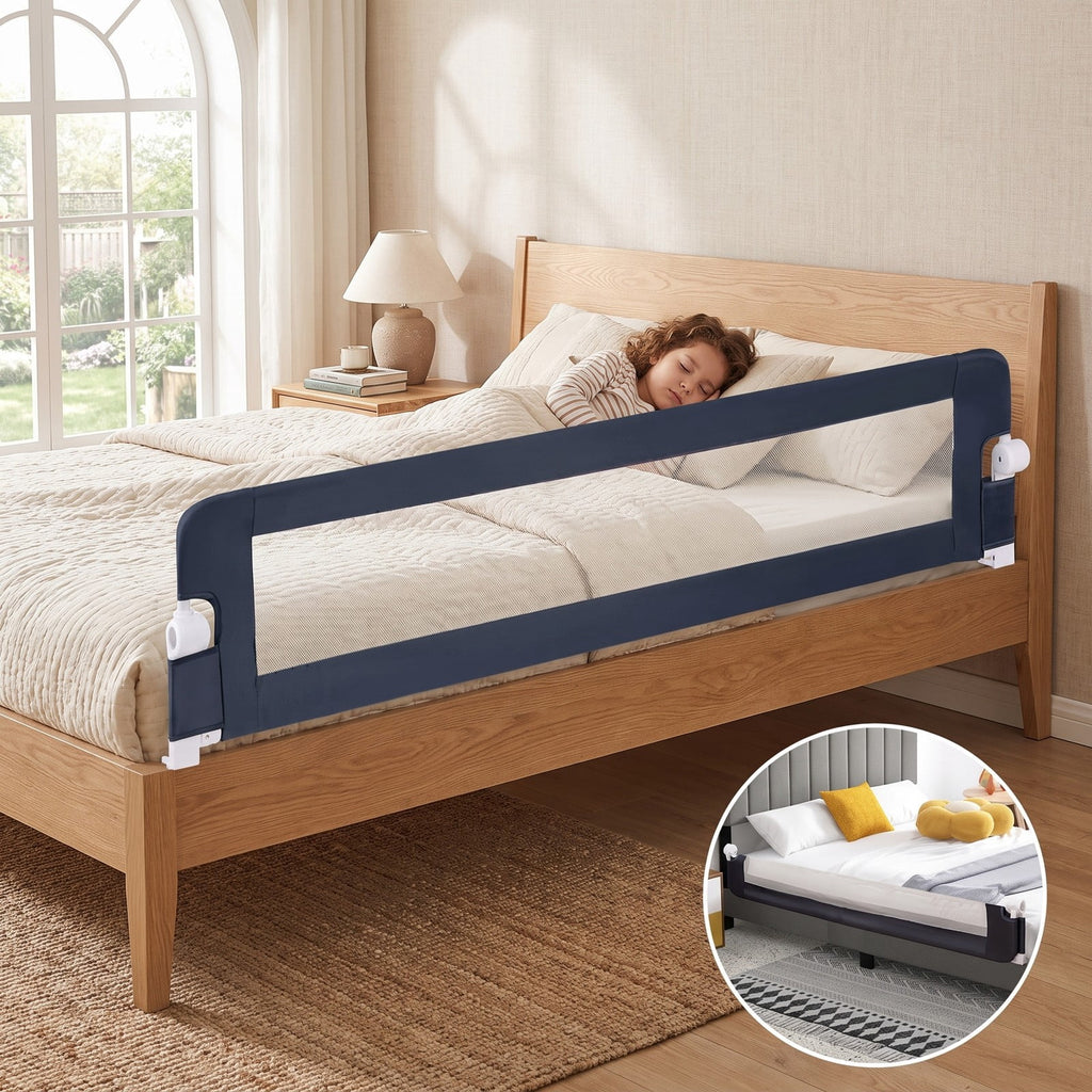 Airfind 71-Inch Foldable Bed Rail Swing Down Baby Bed Guard Rail with Adjustable Safety Strap, Metal Oxford Cloth PP Cotton, Blue