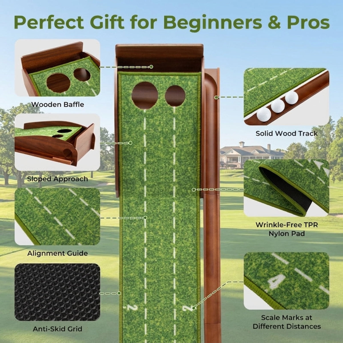 Airfind 10 ft Indoor Putting Mat with Wood Track, Auto Ball Return and 2 Hole Sizes, Brown