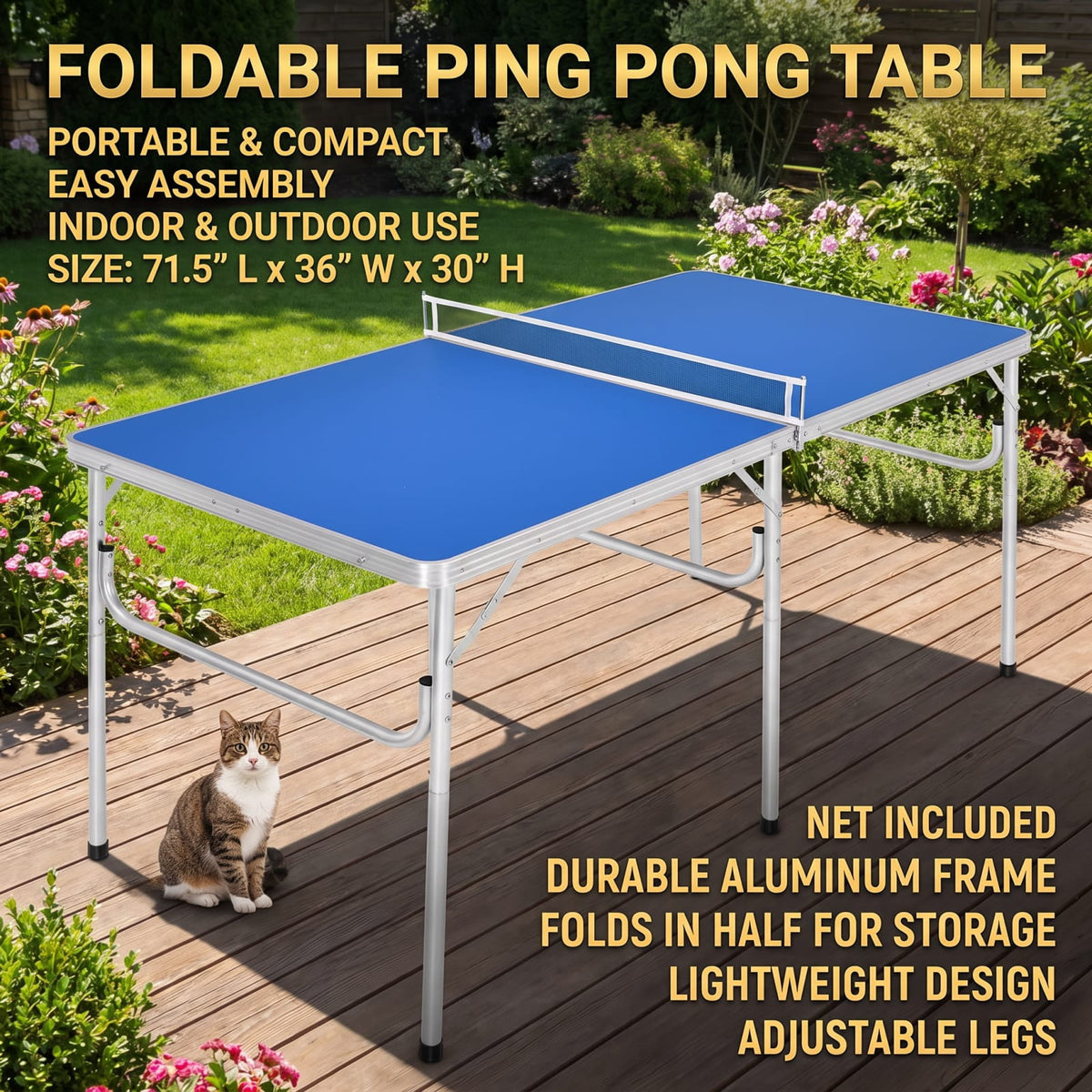Airfind 60 Inch Portable Folding Table Tennis Table with Net Paddles and Balls for Indoor Family Game Room Ping Pong Fun, Blue