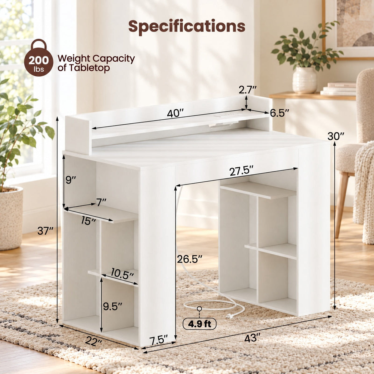 Airfind 43 Inch Computer Desk with Power Outlets and 2 Bookcases, 200 lbs Capacity, Engineered Wood Frame, 43 Inch x 22 Inch x 37 Inch Footprint, White
