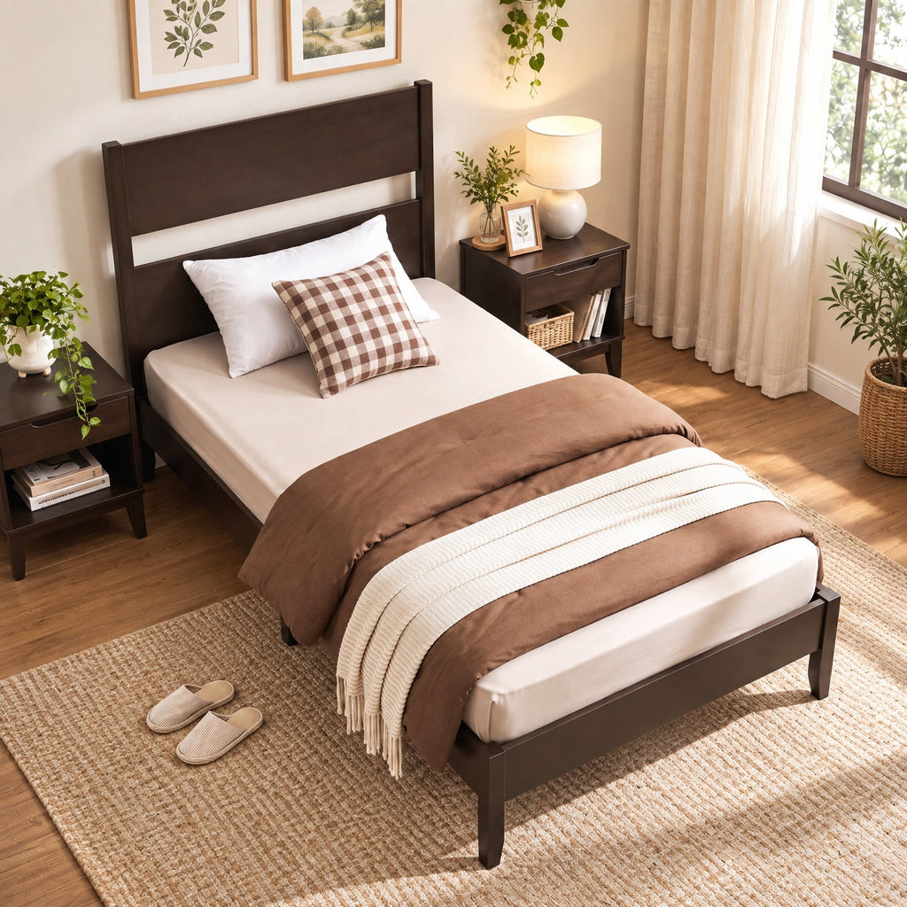 Airfind Twin Bed Frame with Headboard with Solid Wood Legs 12 Slats-Rustic Brown, 550 lbs Capacity, Rubber Wood Engineered Wood LVL Frame, Wood