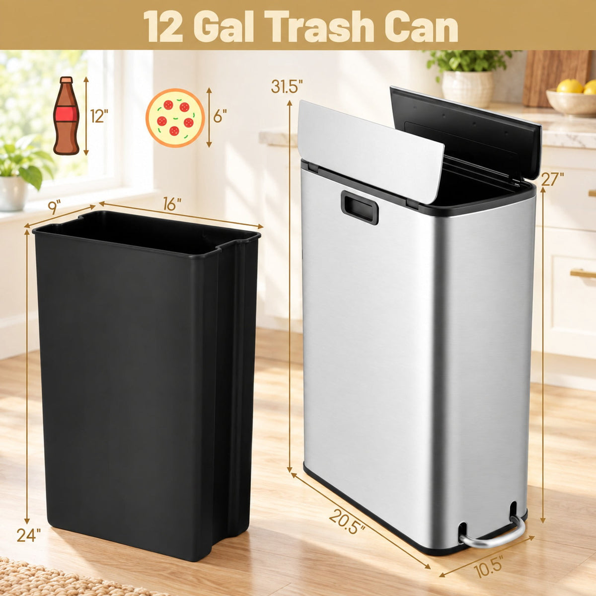Airfind 12 Gal Stainless Steel Trash Can with Soft-Closing Wing Lids, Stainless Steel PP Frame, Silver