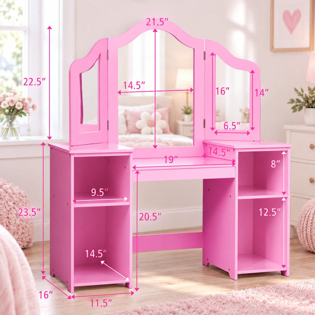 Airfind Kids Tri Folding Mirror Makeup Dressing Vanity Table Set, 220 lbs Capacity, MDF Plastic mirror Weight: 45 lbs Frame, Pink