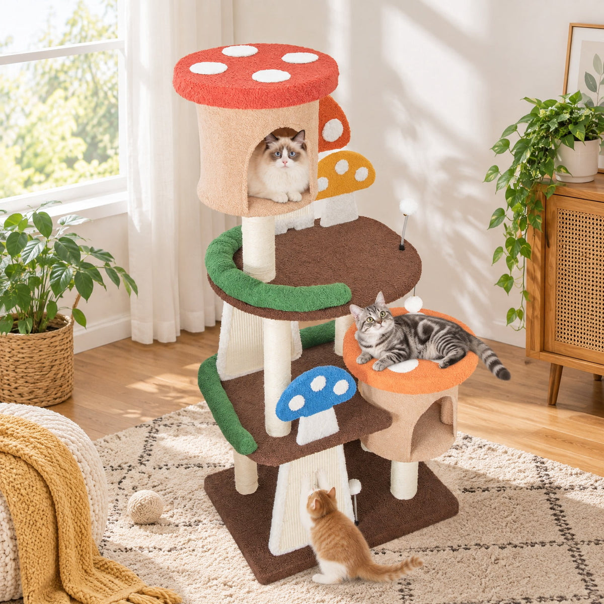 Airfind 4-In-1 Cat Tree with 2 Condos and Platforms for Indoors, 22 lbs Capacity, Natural Sisal Teddy Fabric Engineered Wood Frame, Multicolor