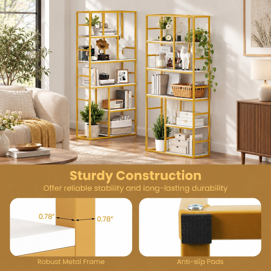 Airfind 71 Inch Tall Bookshelf Metal Frame 5-Tier Geometric Bookcase-White and Golden, 44 lbs Capacity, Metal Engineered Wood Frame, White