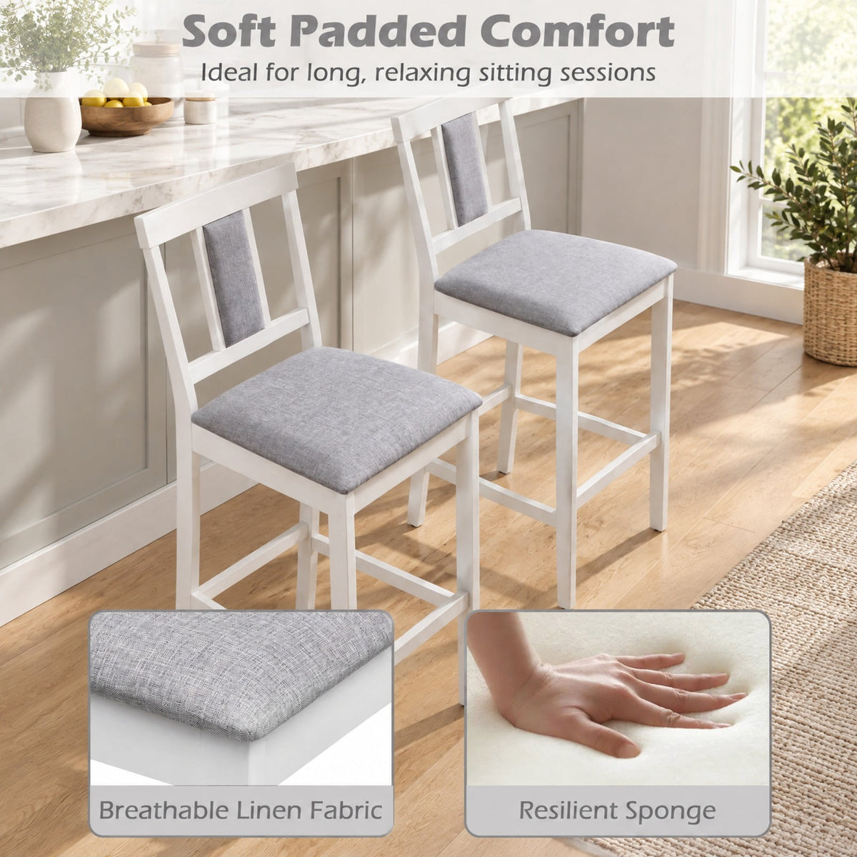Airfind Set of 2 Upholstered Barstool 29.5 Inch Bar Height with Solid Rubber Wood Frame, 300 lbs Capacity, White