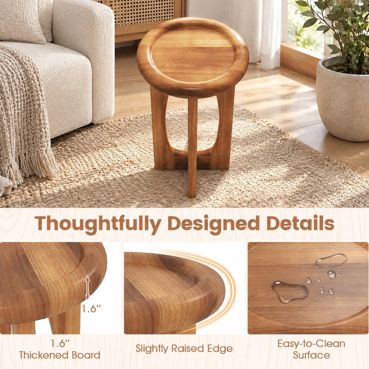 Airfind 14 Inch Farmhouse End Table with Round Tray Top and Wood Cross Legs, 110 lbs Capacity, Mahogany Wood Frame, 14 x 14 x 23.5 Footprint
