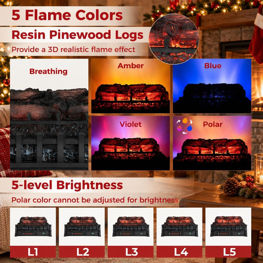 Airfind 23 Inch Infrared Quartz Electric Fireplace Pinewood Log Heater with Adjustable Flame, Metal ABS Resin Frame, Black