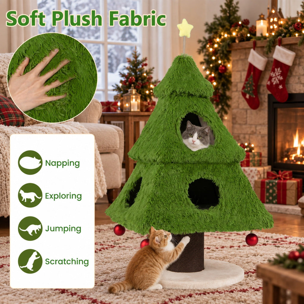 Airfind Christmas Cat Tree with Scratching Post and Dangling Balls for Indoor Cats, 33 lbs Capacity, Green