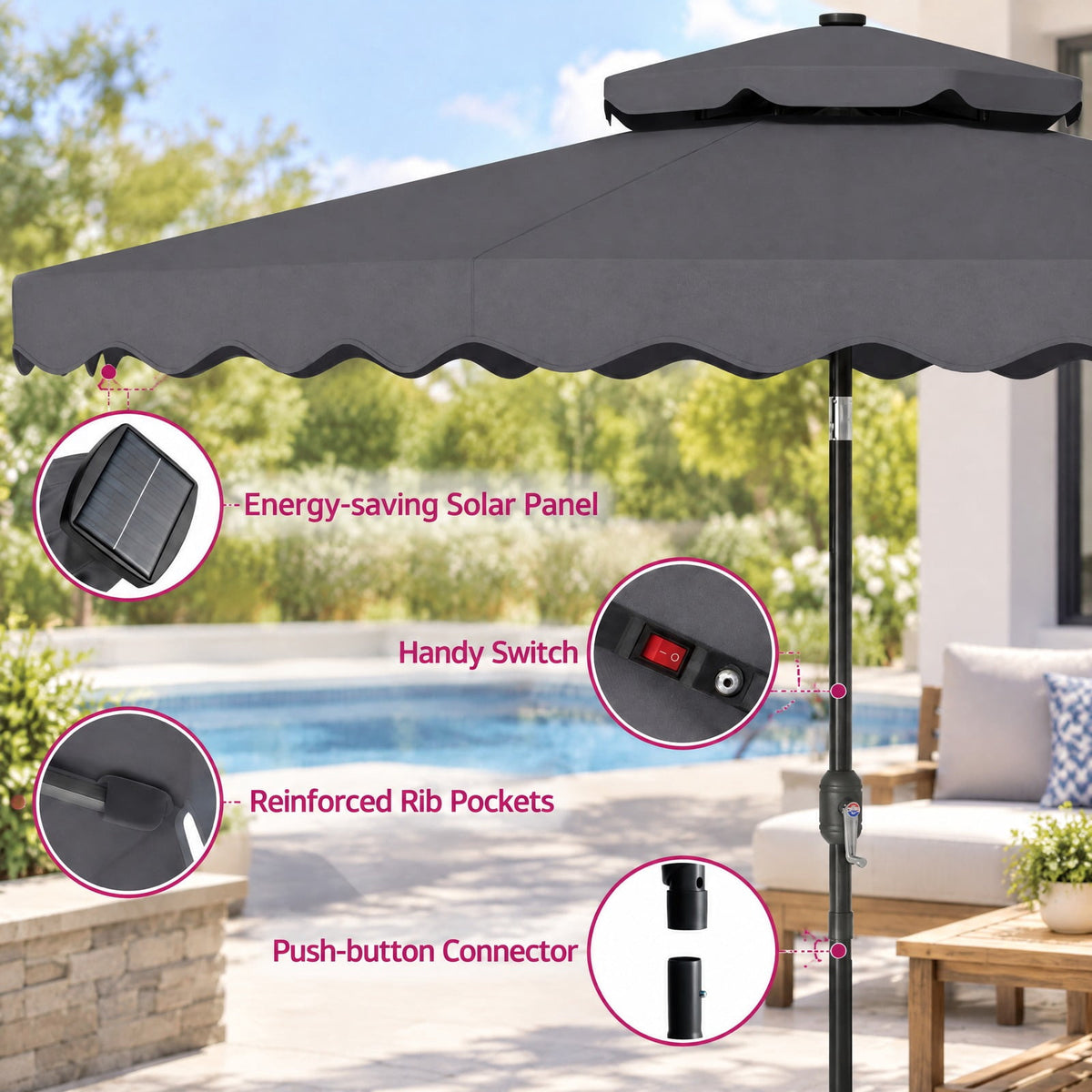 Airfind 9 FT Solar LED Patio Umbrella Push-Button Tilt and Crank 24 LED Lights and 8 Ribs, Polyester Fabric Metal Frame, 9 x 8.2 ft Footprint, Gray