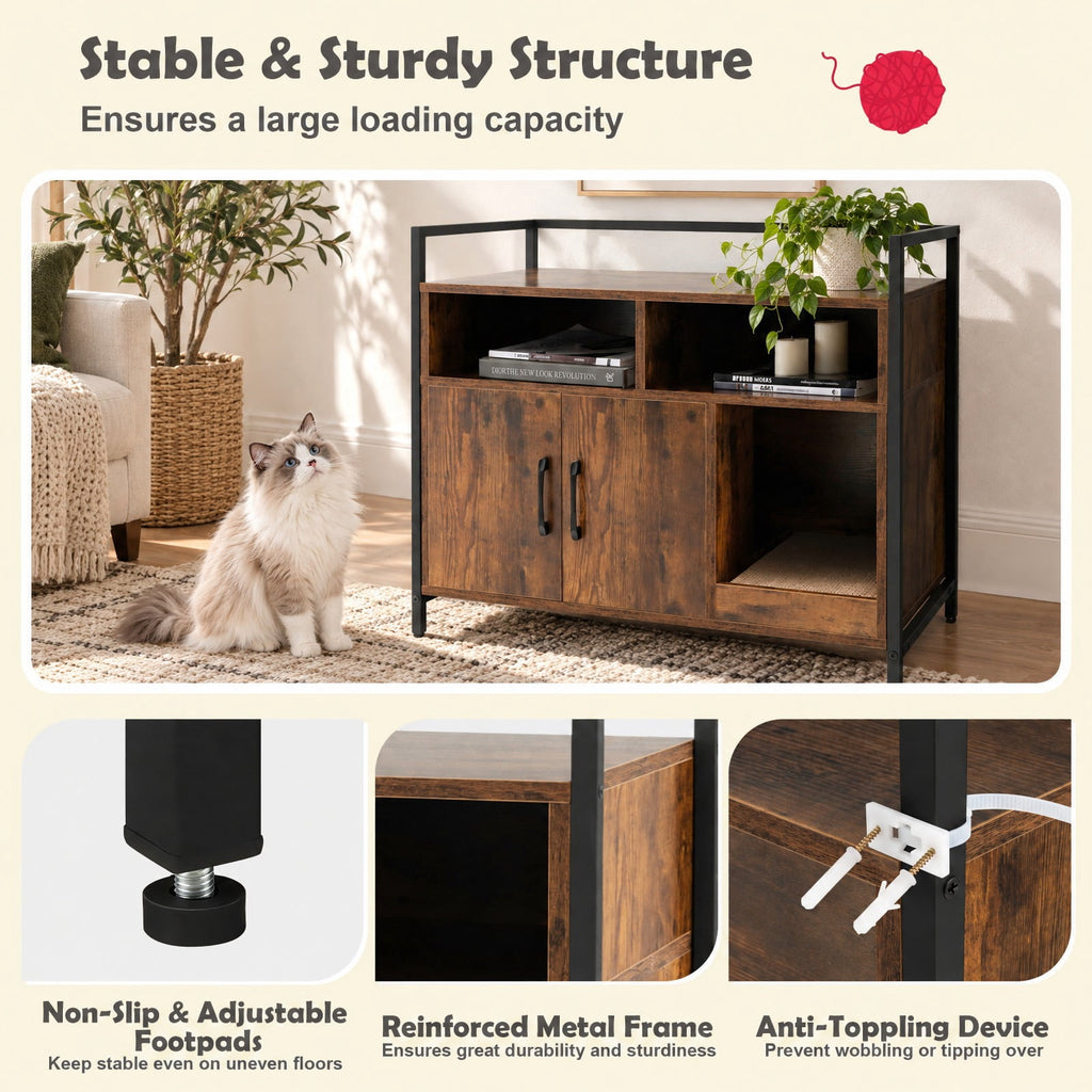 Airfind Hidden Cat Washroom with Double Doors and Scratch Cardboard, MDF Metal Frame, 35 x 17.5 x 29.5 Compartment Footprint, Coffee