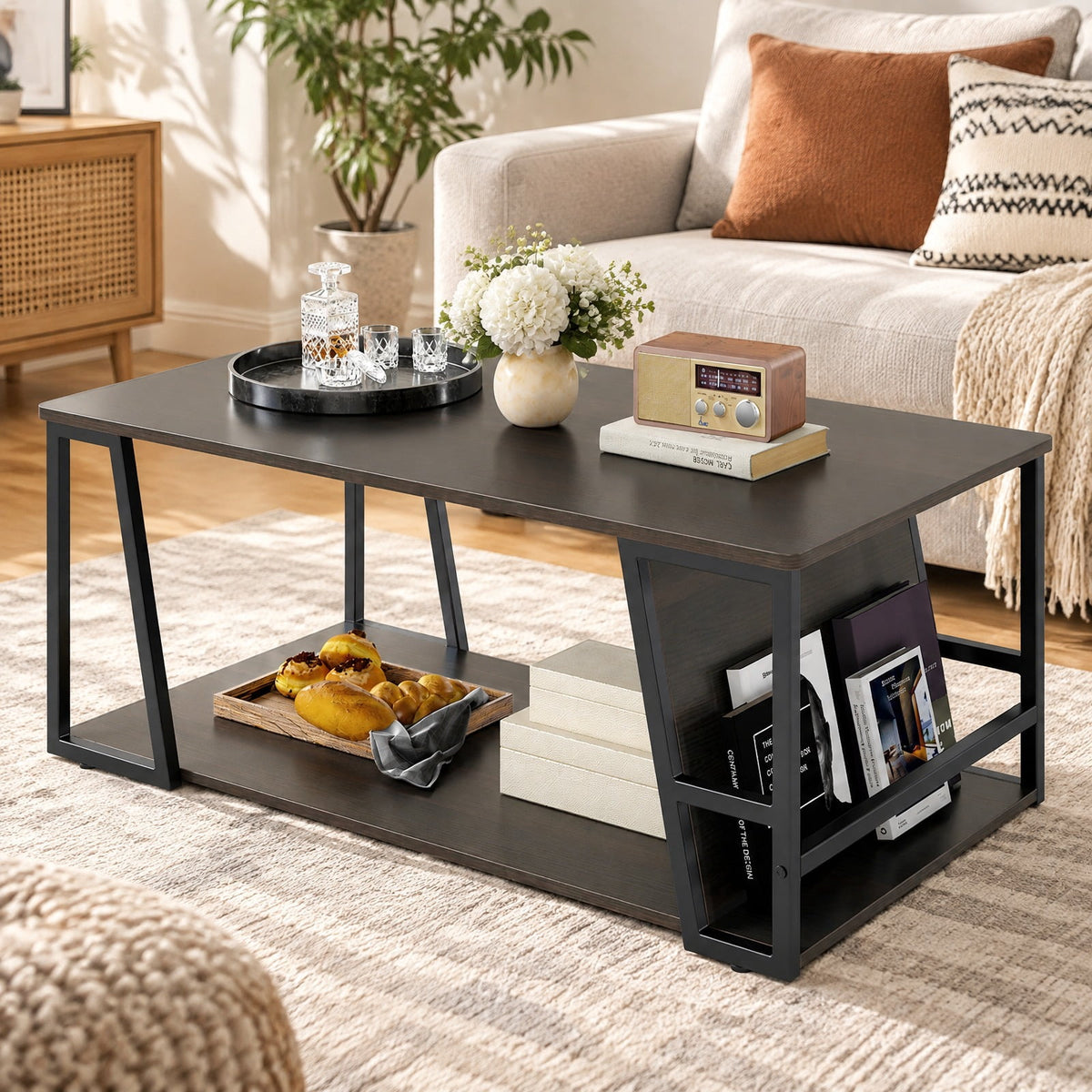 Airfind Rectangle Coffee Table 2-tier Industrial Accent Table with Storage Shelf and Compartment, 176 lbs Capacity, Engineered Wood Metal Frame