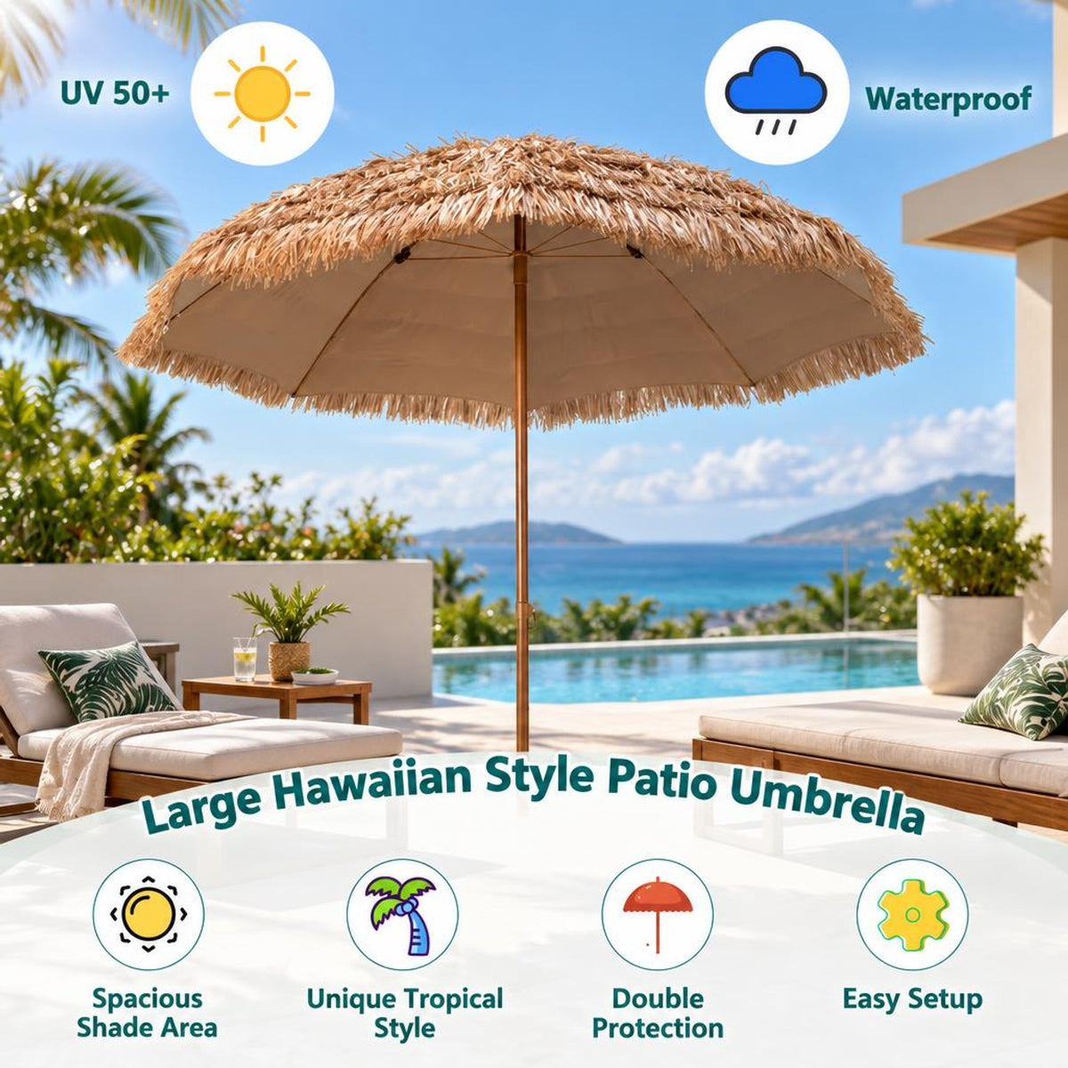 Airfind 8 Feet Patio Thatched Tiki Umbrella Hawaiian Hula Beach Umbrella, Thatch steel Frame, 8 ft x 7.3 ft Footprint, Natural