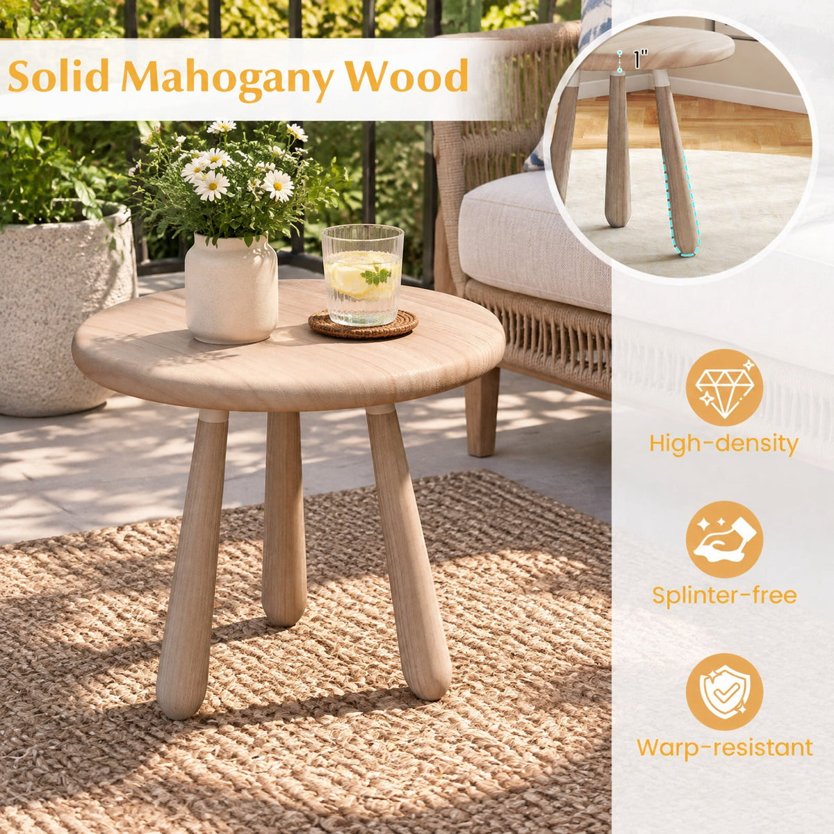 Airfind 18 Inch Outdoor Mahogany Wood Side Table with Thickened Board, 110 lbs Capacity, Mahogany Wood Frame, 18 x 18 x 16 Footprint, Wood