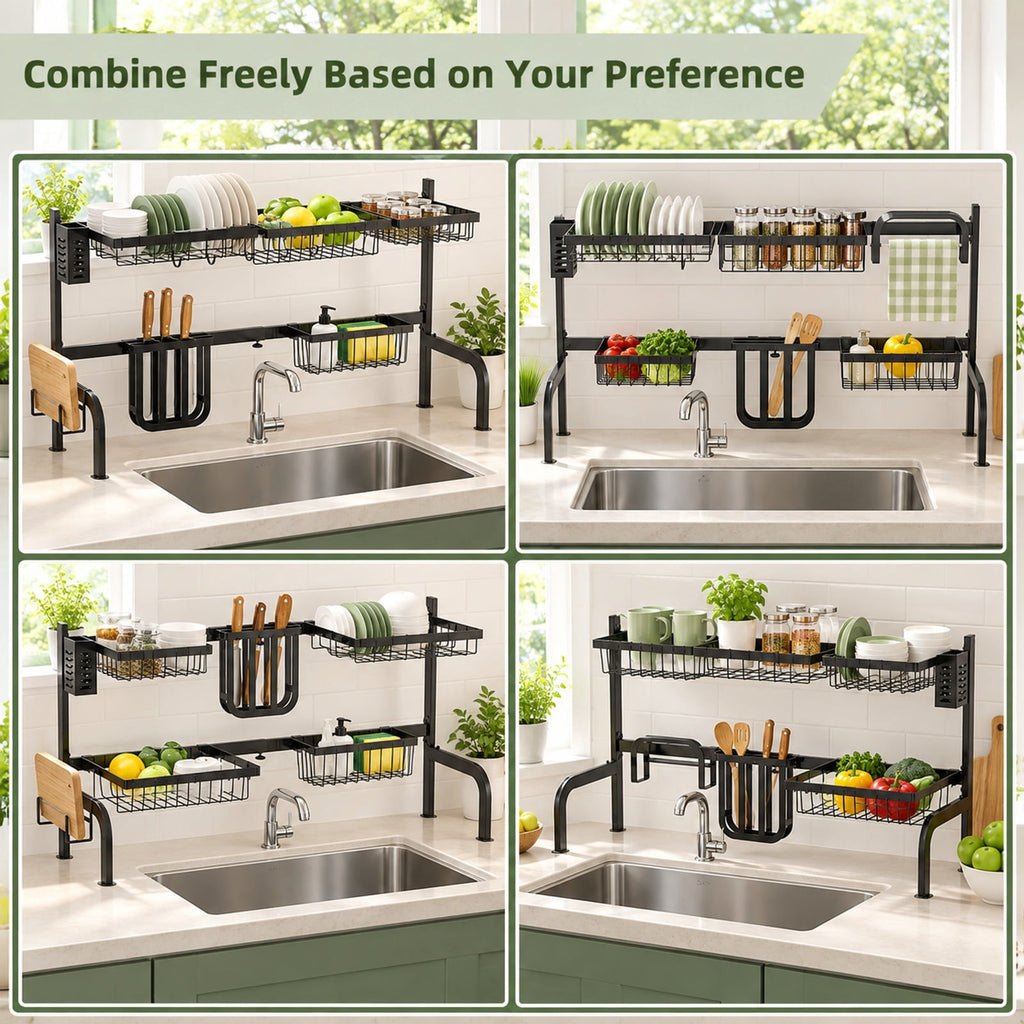 Airfind 2 Tier Adjustable Over Sink Dish Drying Rack with 8 Hooks, Steel Frame, Black, Overall dimension 21-39 x 12 x 21(L x