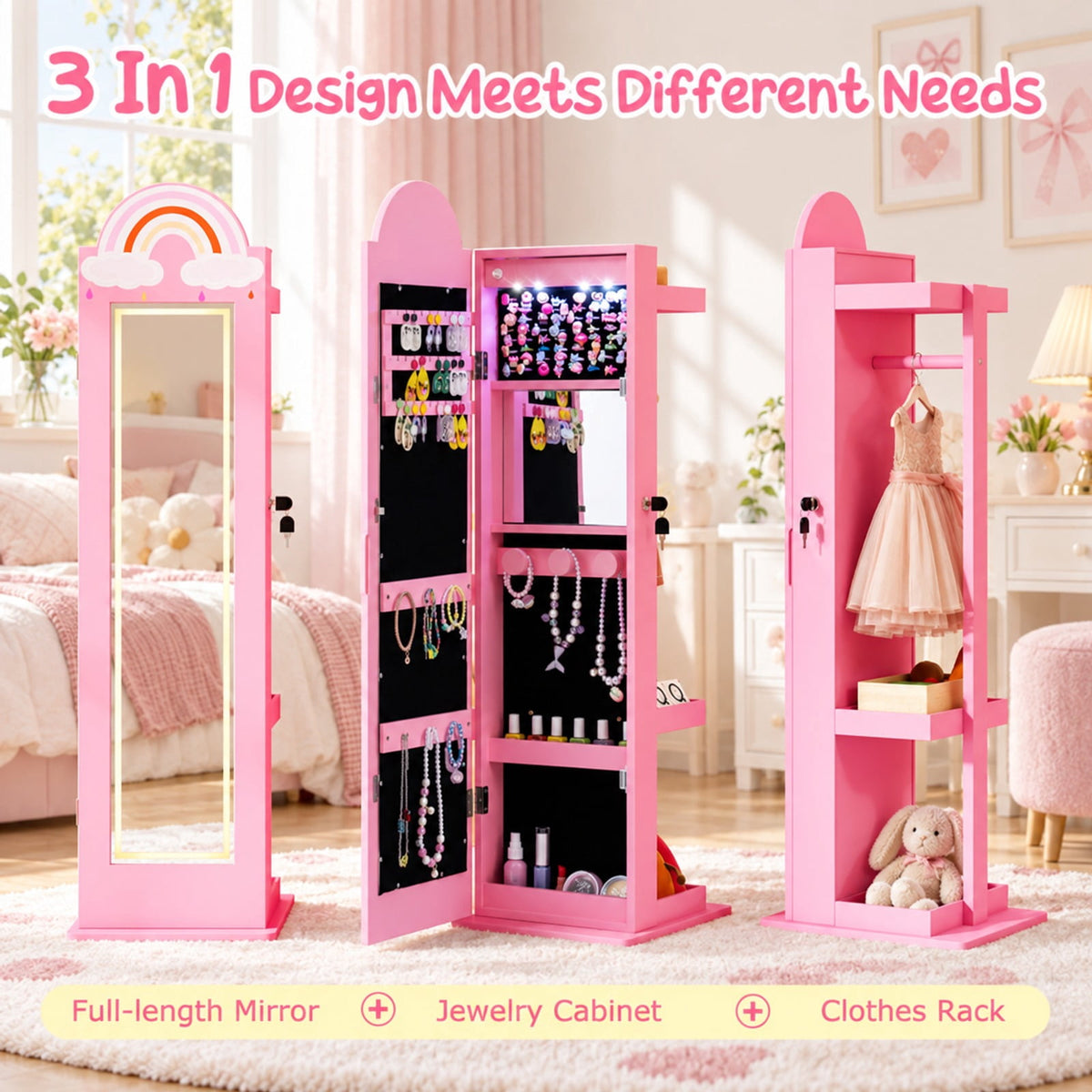 Airfind 3 In 1 Kids Jewelry Cabinet Freestanding Jewelry Armoire with 3-Color Lighted Mirror, MDF Glass Acrylic Frame, Pink