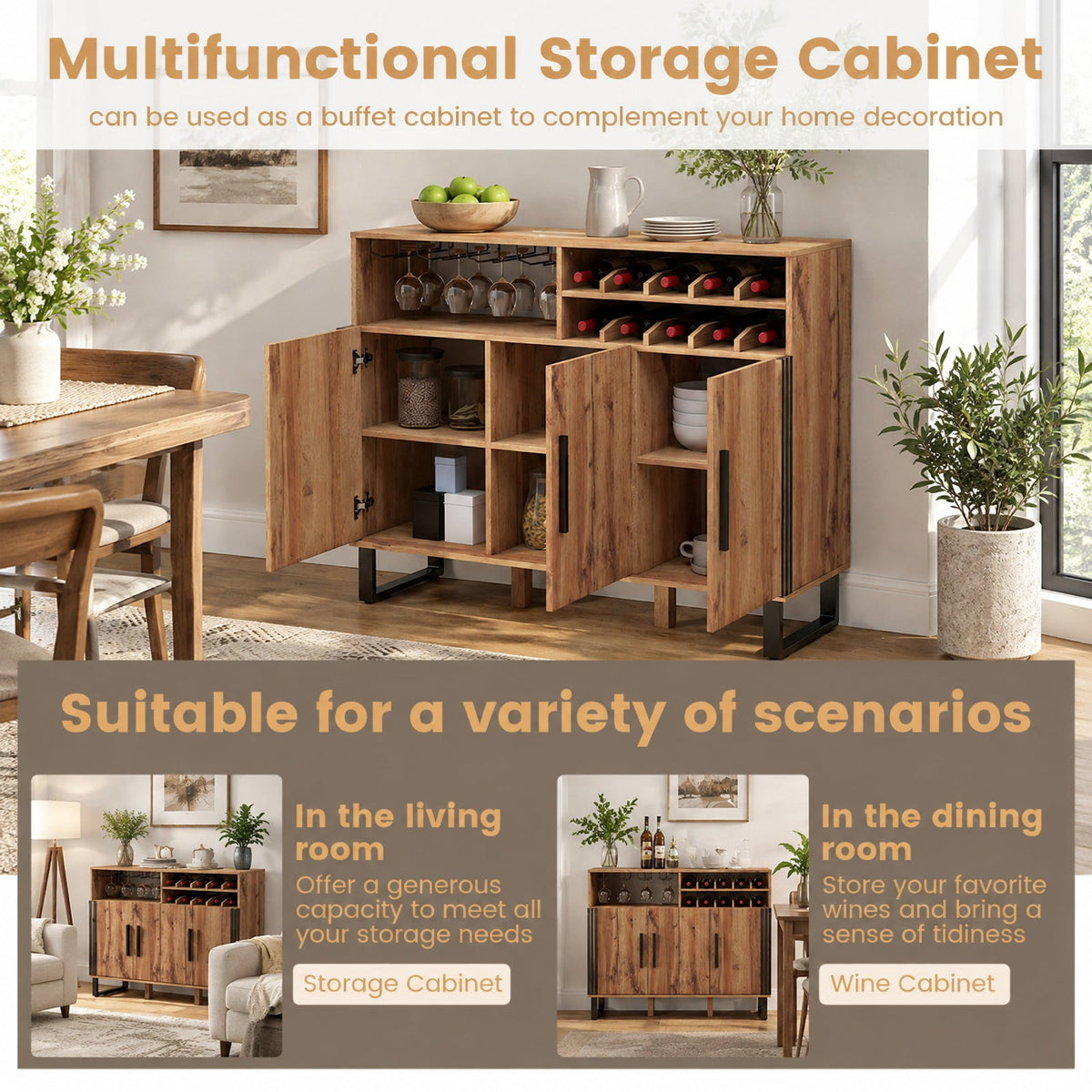 Airfind Home Wine Bar Cabinet with 3 Doors and Adjustable Shelves, 110 lbs Capacity, Engineered Wood MDF Frame, 47in x 16in x 37.5in Footprint, Brown