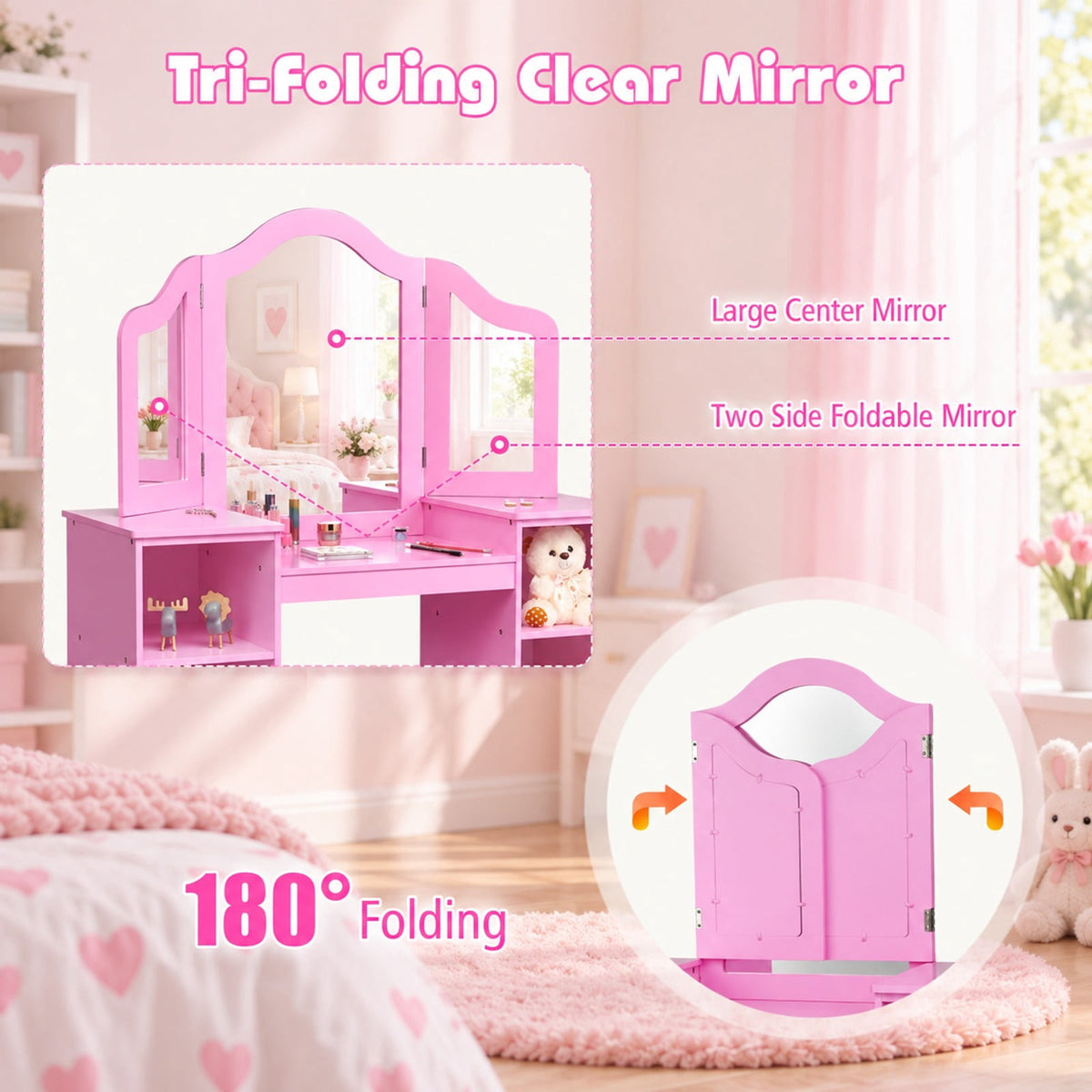 Airfind Kids Tri Folding Mirror Makeup Dressing Vanity Table Set, 220 lbs Capacity, MDF Plastic mirror Weight: 45 lbs Frame, Pink