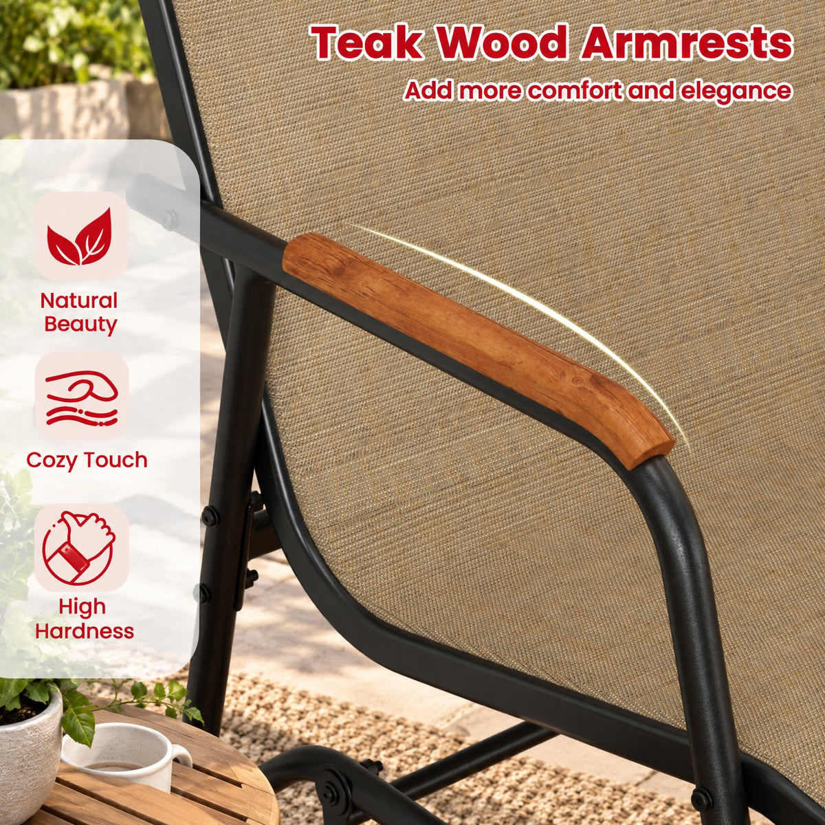 Airfind Patio Glider Bench with Curved Teak Armrests and Breathable Fabric Seat for 2 People, 660 lbs Capacity, Metal Fabric Teak Wood Frame, Brown
